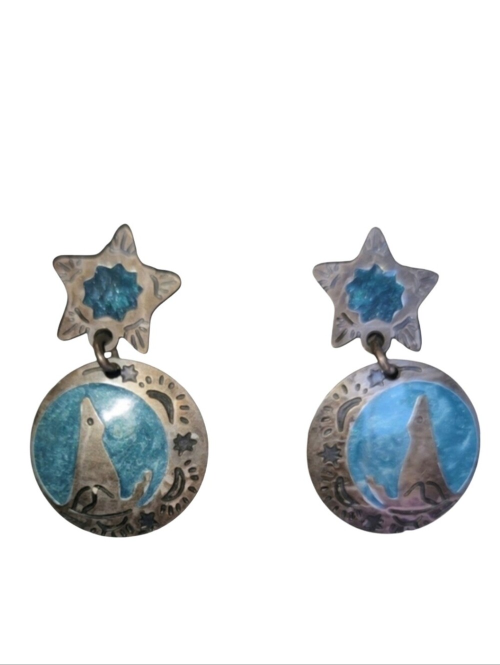 Southwest Silvertone & Turquoise Enamel Post Earrings With Howling Wolf & Star